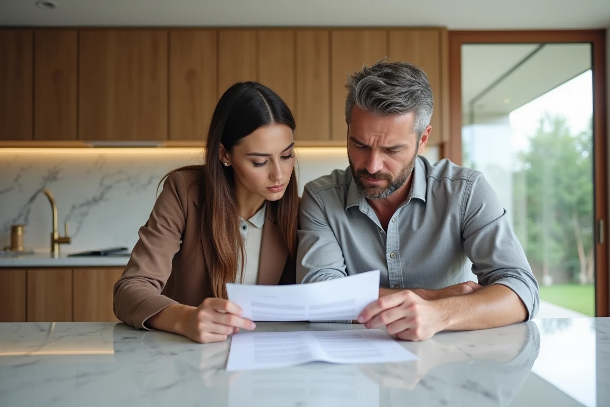 Couple examinant un contrat immobilier de luxe dans une villa contemporaine, illustrant les avis clients Kretz