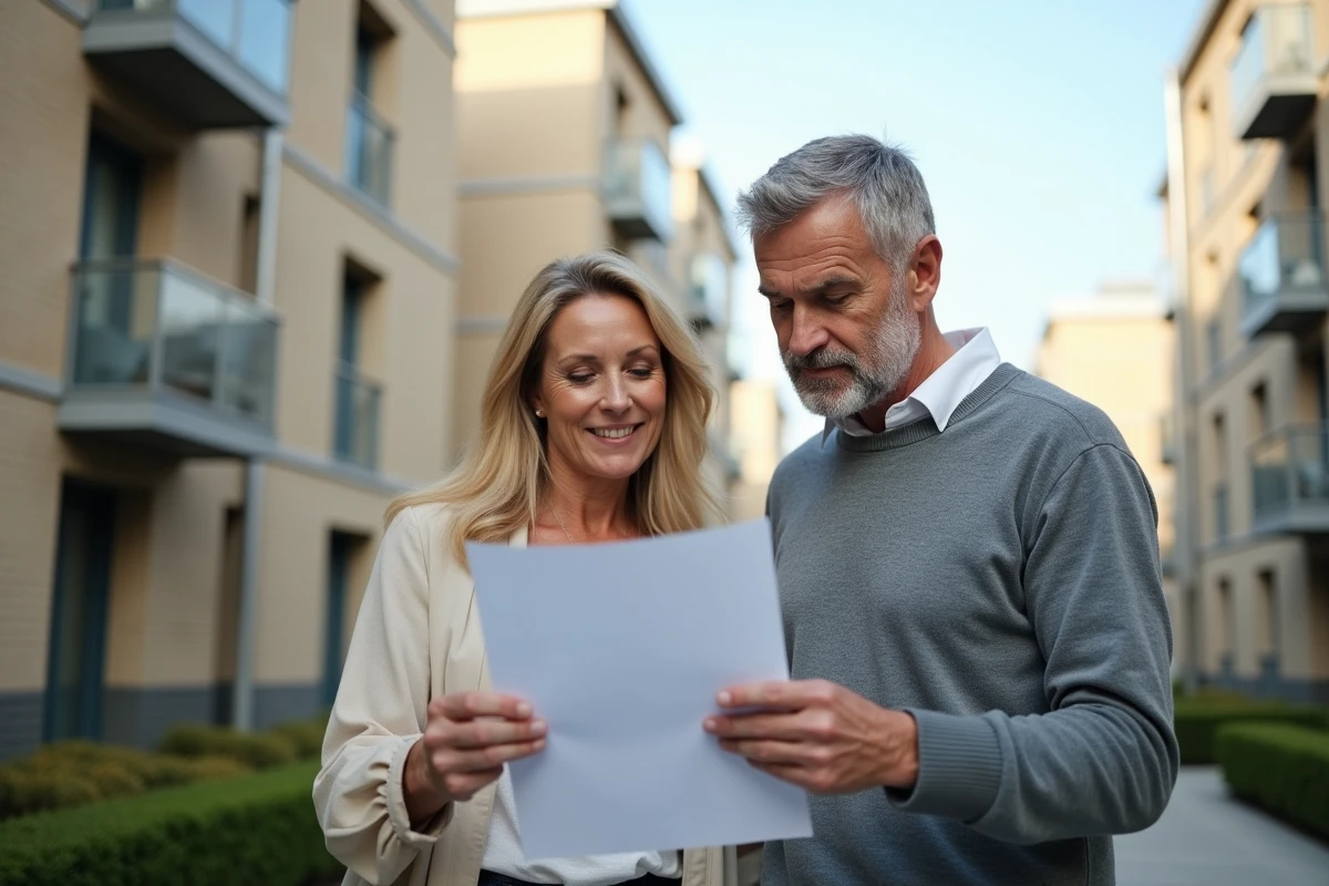 Couple consultant un contrat de location devant un immeuble de logement social en France