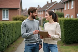 Jeune couple discutant devant une maison dans un quartier résidentiel