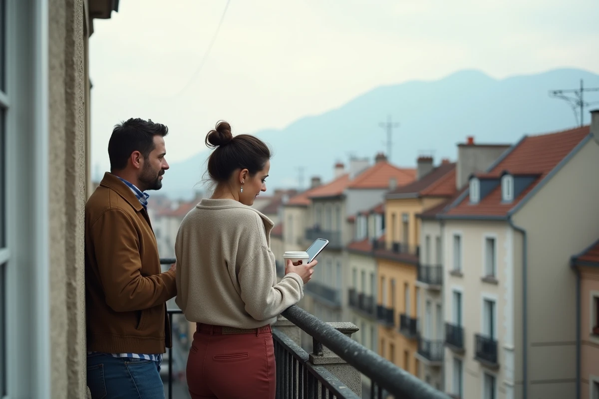 Couple de travailleurs frontaliers sur leur balcon à Annemasse évaluant leur cadre de vie en télétravail