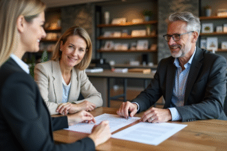 Couple en réunion immobilière avec agent dans un bureau moderne