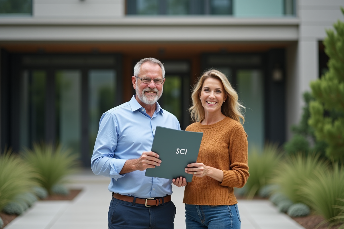 Couple souriant devant immeuble moderne avec dossier SCI