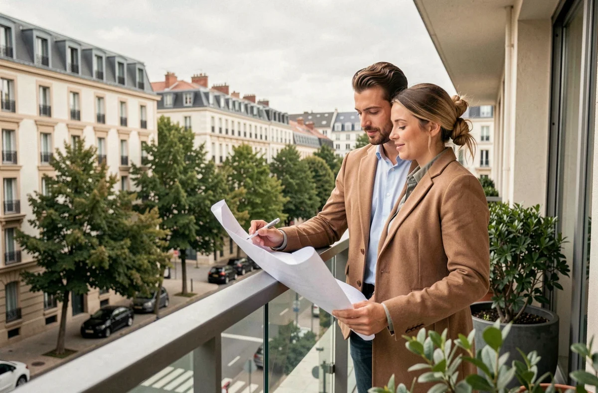 Couple investisseur immobilier sur le balcon d'un appartement neuf à Bordeaux dans le cadre de la loi Pinel
