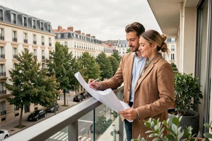 Couple investisseur immobilier sur le balcon d'un appartement neuf à Bordeaux dans le cadre de la loi Pinel