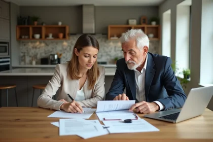 Femme et homme âgé examinant des documents immobiliers dans une cuisine moderne