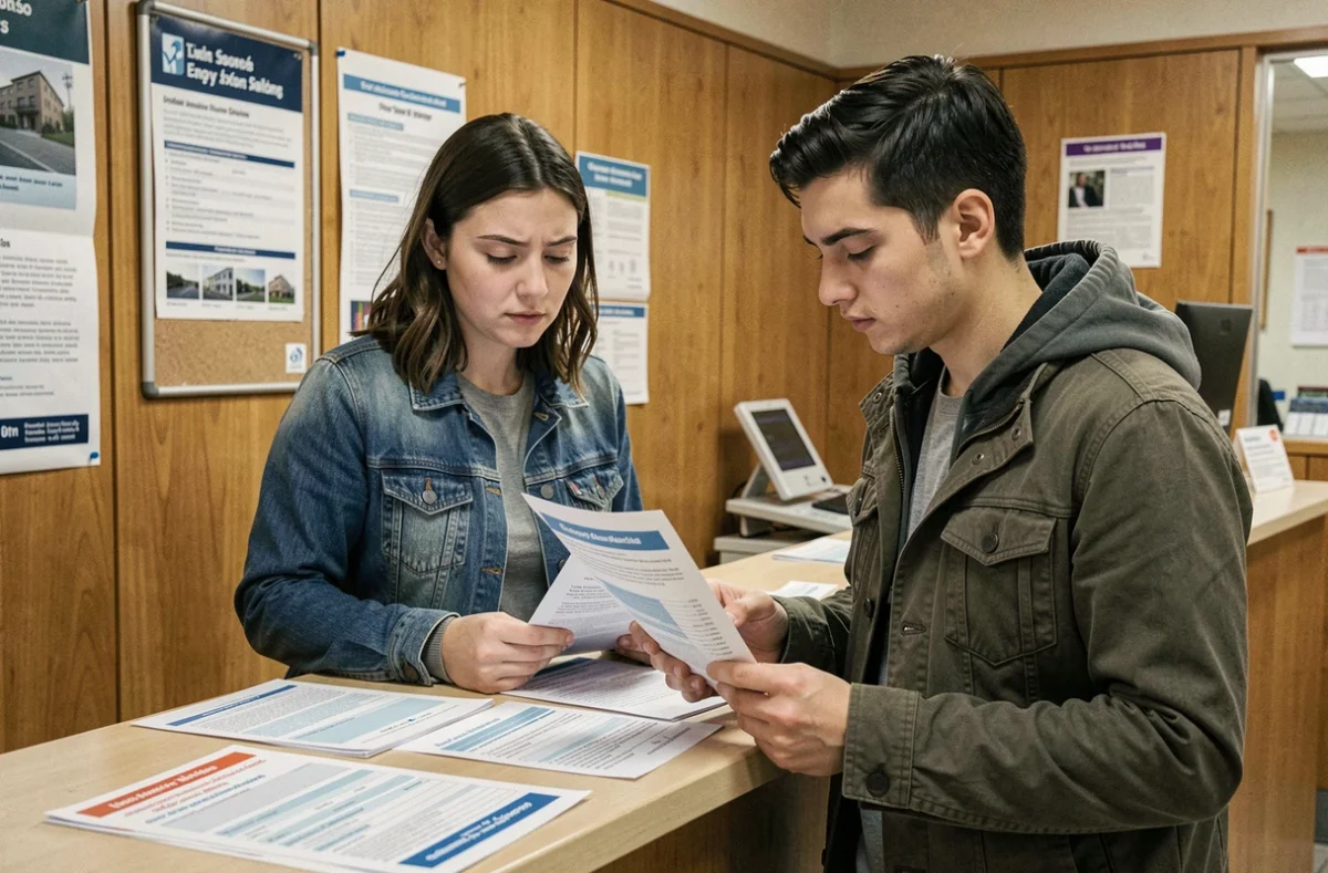 Jeune couple consultant des documents sur l'encadrement des loyers dans une mairie, zone tendue et protection des locataires