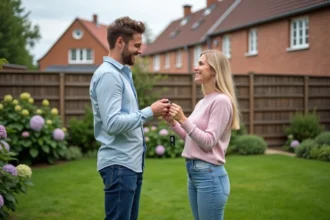Jeune couple souriant dans leur jardin en France