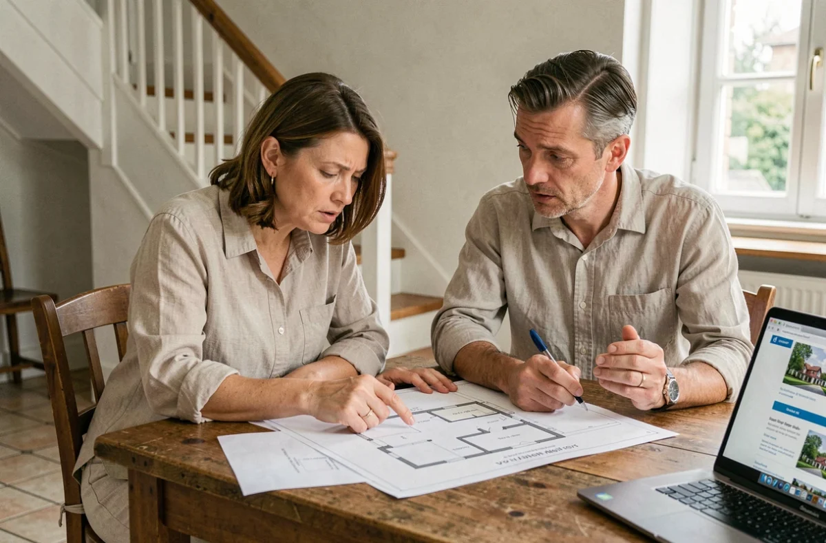 Couple examinant les plans d'une maison mitoyenne par garage avant de négocier le prix d'achat