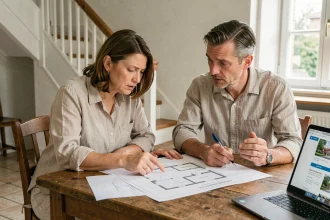 Couple examinant les plans d'une maison mitoyenne par garage avant de négocier le prix d'achat