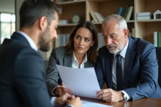 Couple d'adultes examinant des documents immobiliers dans un bureau moderne