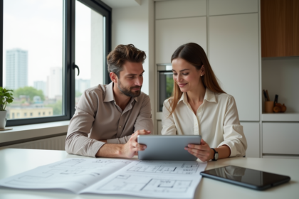 Jeune couple professionnel examine plans dans cuisine moderne