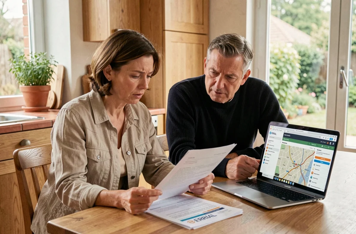 Couple de propriétaires étudiant un rapport géorisque ERRIAL avant achat immobilier en France