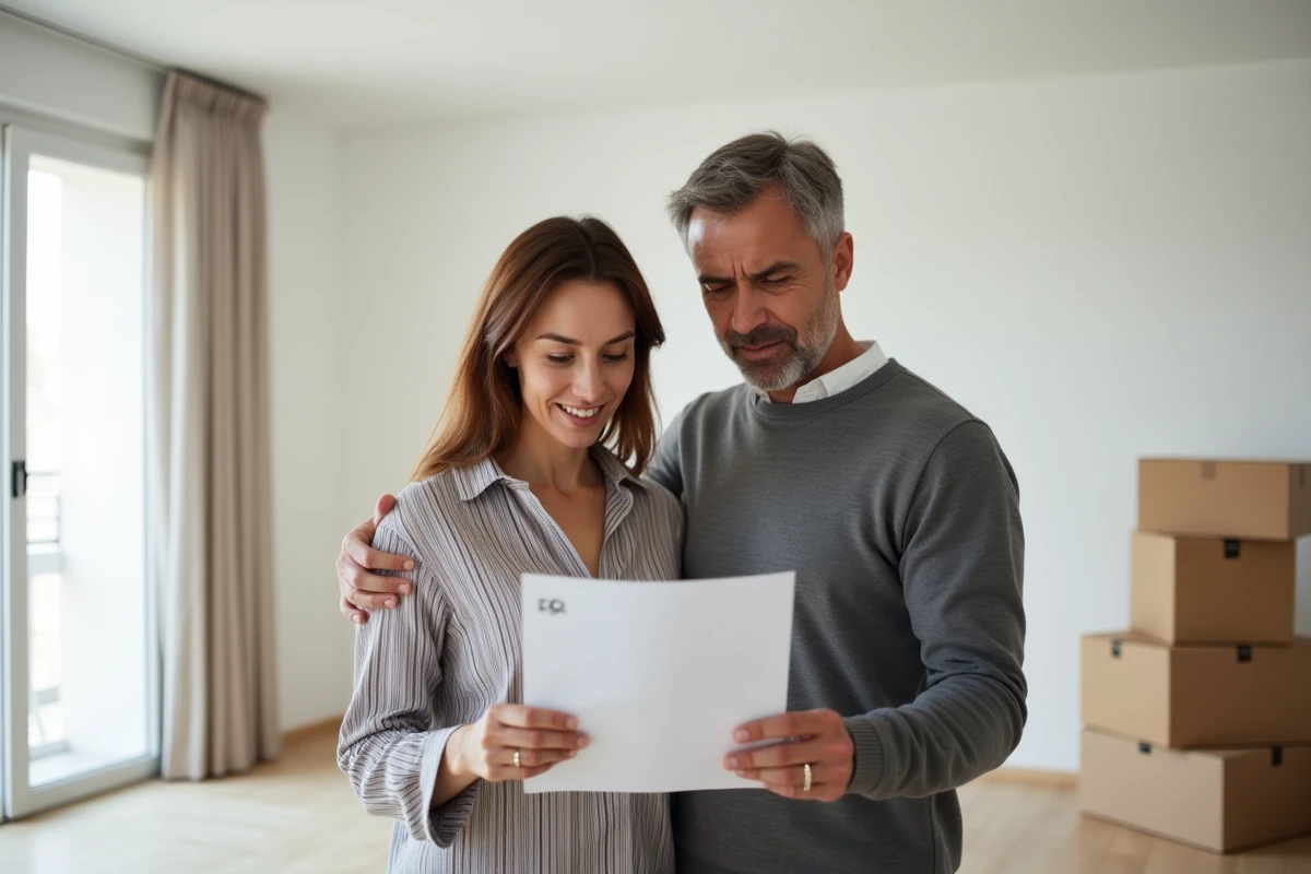Couple examinant un contrat EDF dans un appartement vide lors d'un changement de propriétaire