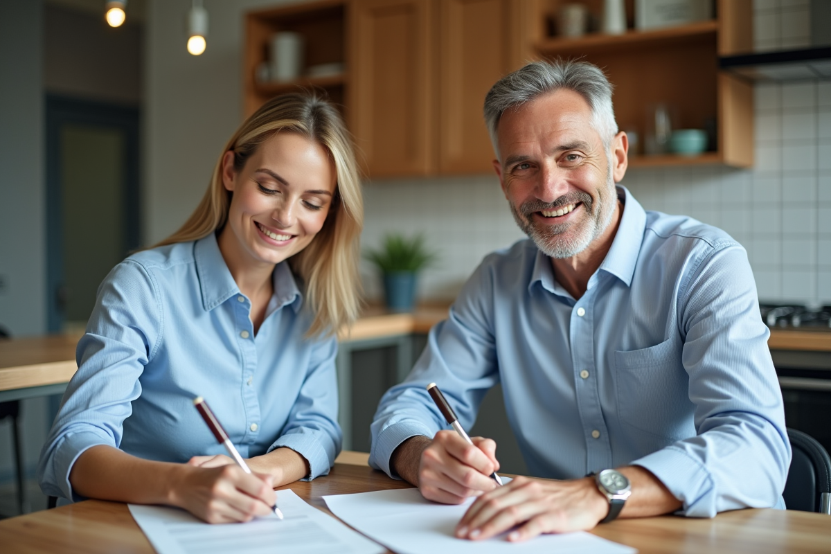 Couple d'adultes signant des documents dans une cuisine moderne