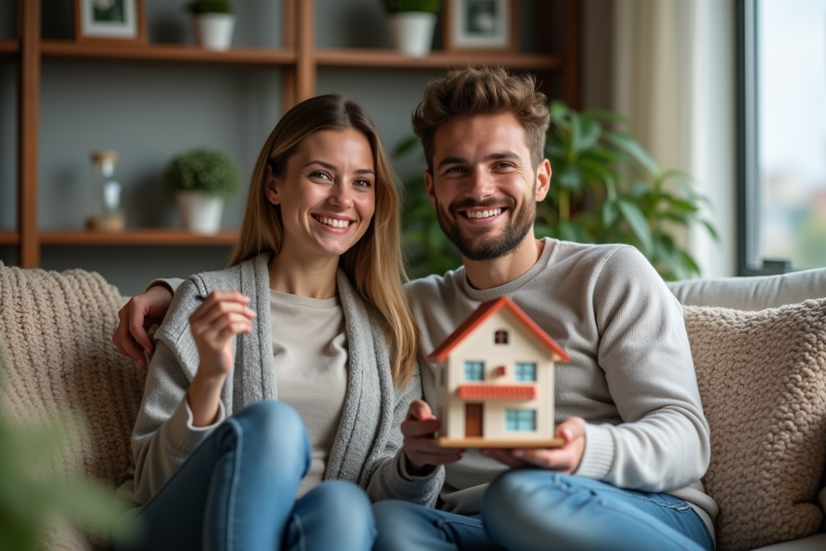 Jeune couple souriant avec modèle de maison dans le salon