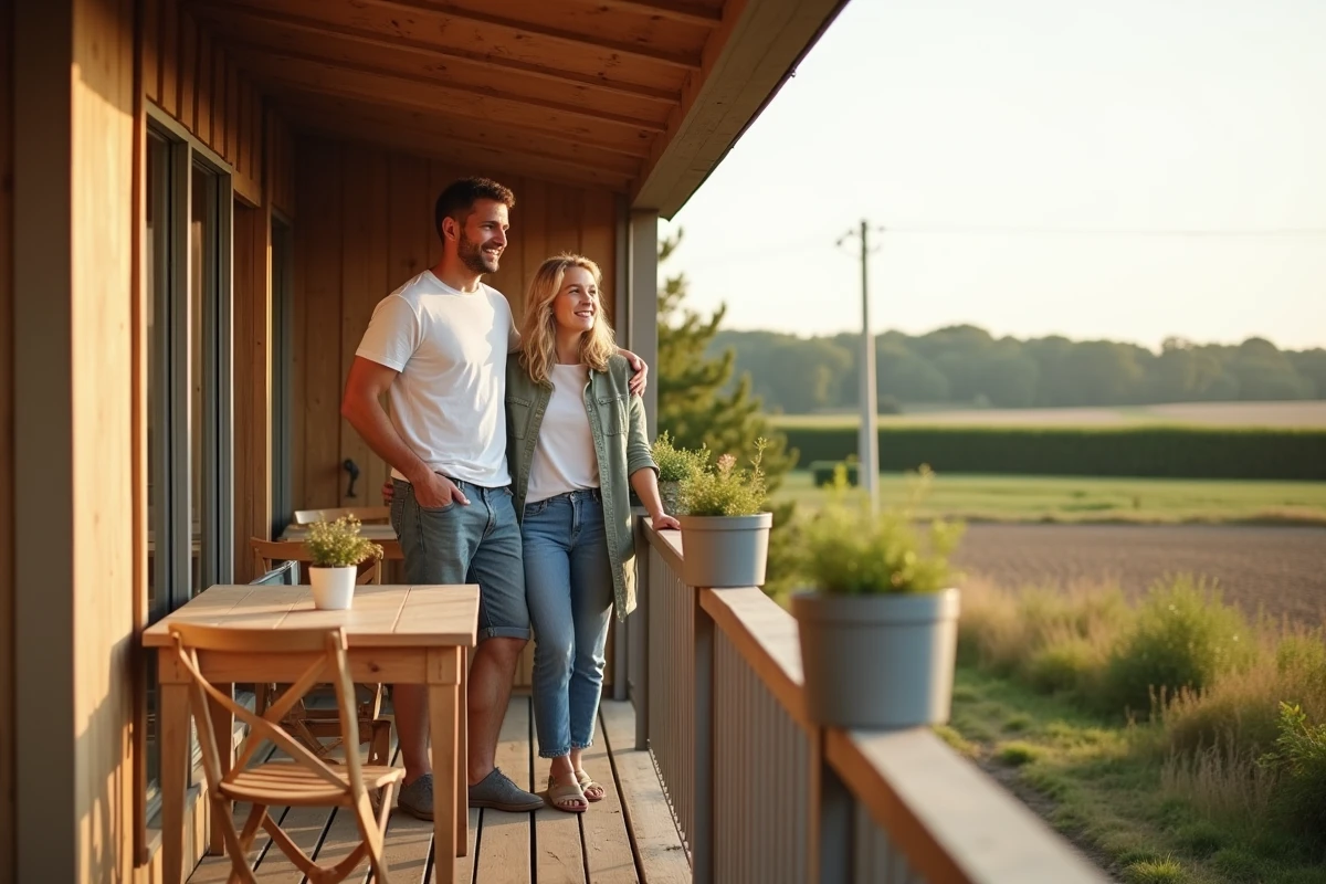 Couple profitant de la terrasse d'une maison plain-pied louée en zone périurbaine avec vue sur la campagne