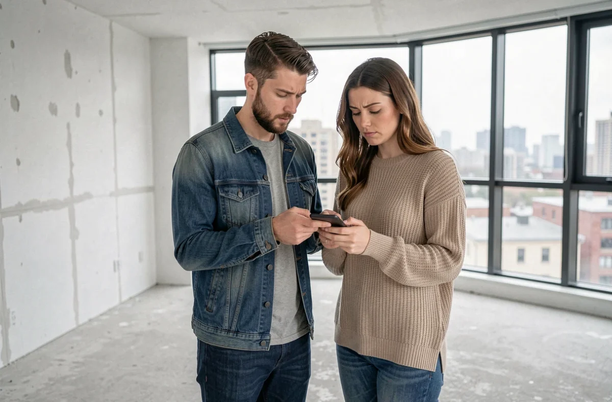 Couple dans un appartement vide consultant leur téléphone en attente de réponse à leurs candidatures de location sur LOC annonces