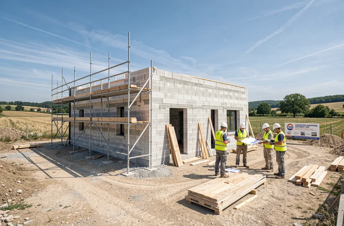 Chantier de construction d'une maison individuelle par CTA Construction en Aveyron avec ouvriers et échafaudages
