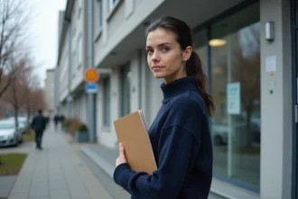 Femme consultant un panneau d'affichage devant un office de logement social à Cluses pour une demande HLM avec Halpade