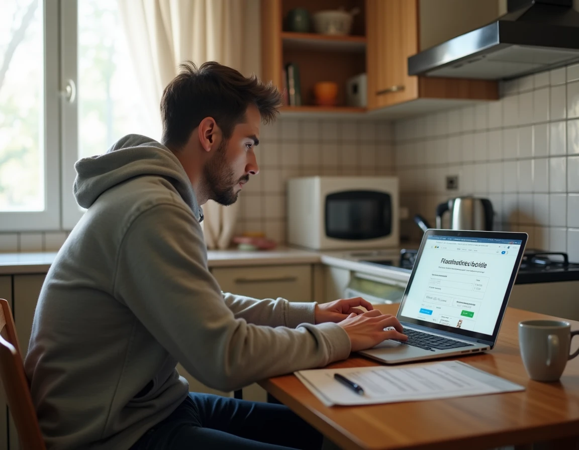 Jeune contractuel effectuant les démarches d'activation CONVERGENCE en ligne depuis son domicile à Toulouse