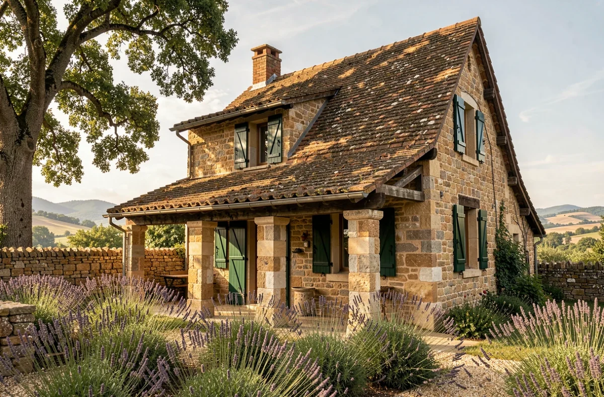 Maison de style occitan traditionnelle réalisée par Demeures Occitanes en Aveyron avec pierre locale et tuiles romanes