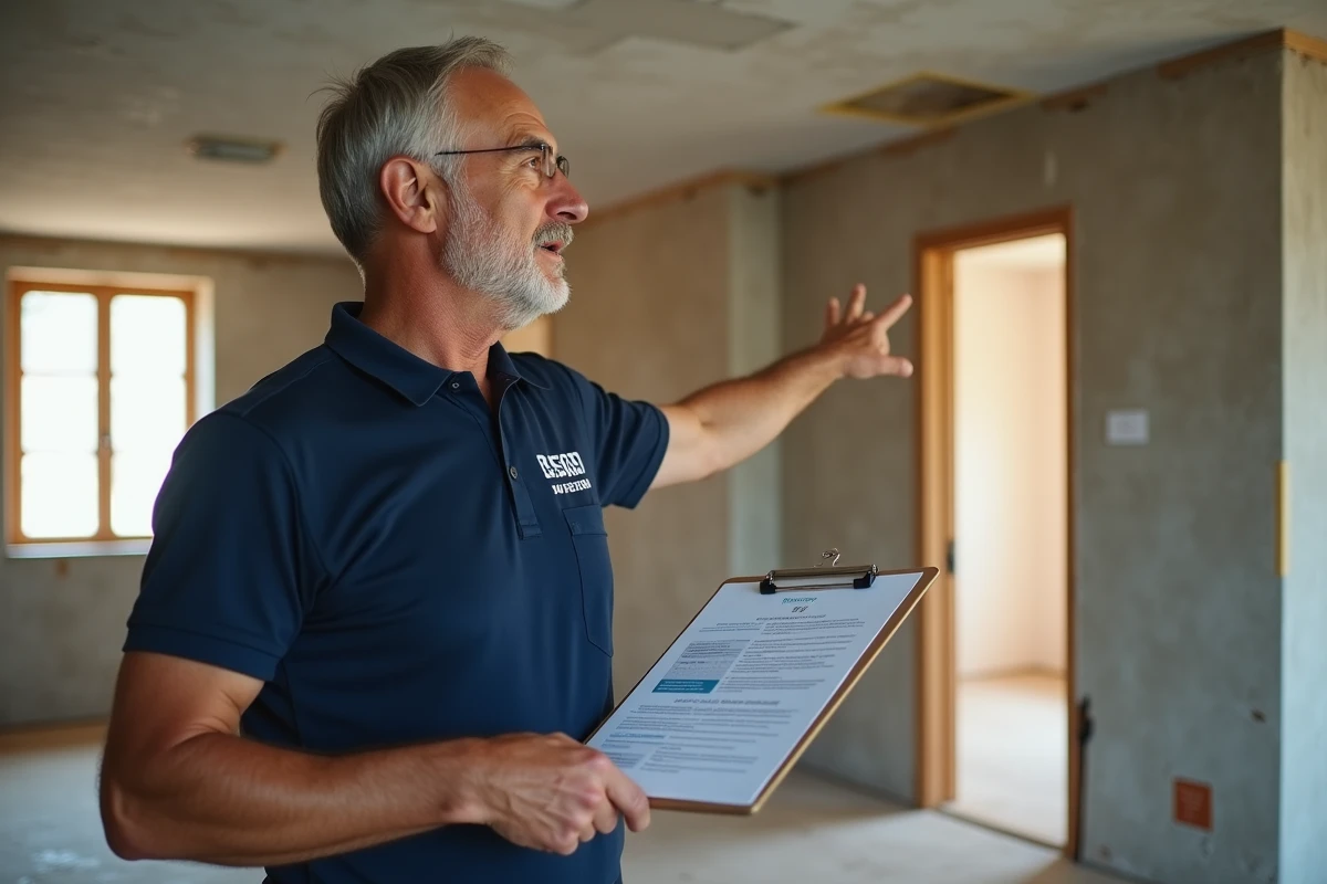 Expert en diagnostic amiante inspectant un plafond avec enduit suspect dans un appartement en rénovation