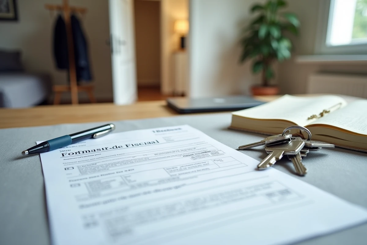 Documents fiscaux et clés d'appartement meublé posés sur un bureau pour illustrer la taxe d'habitation en location