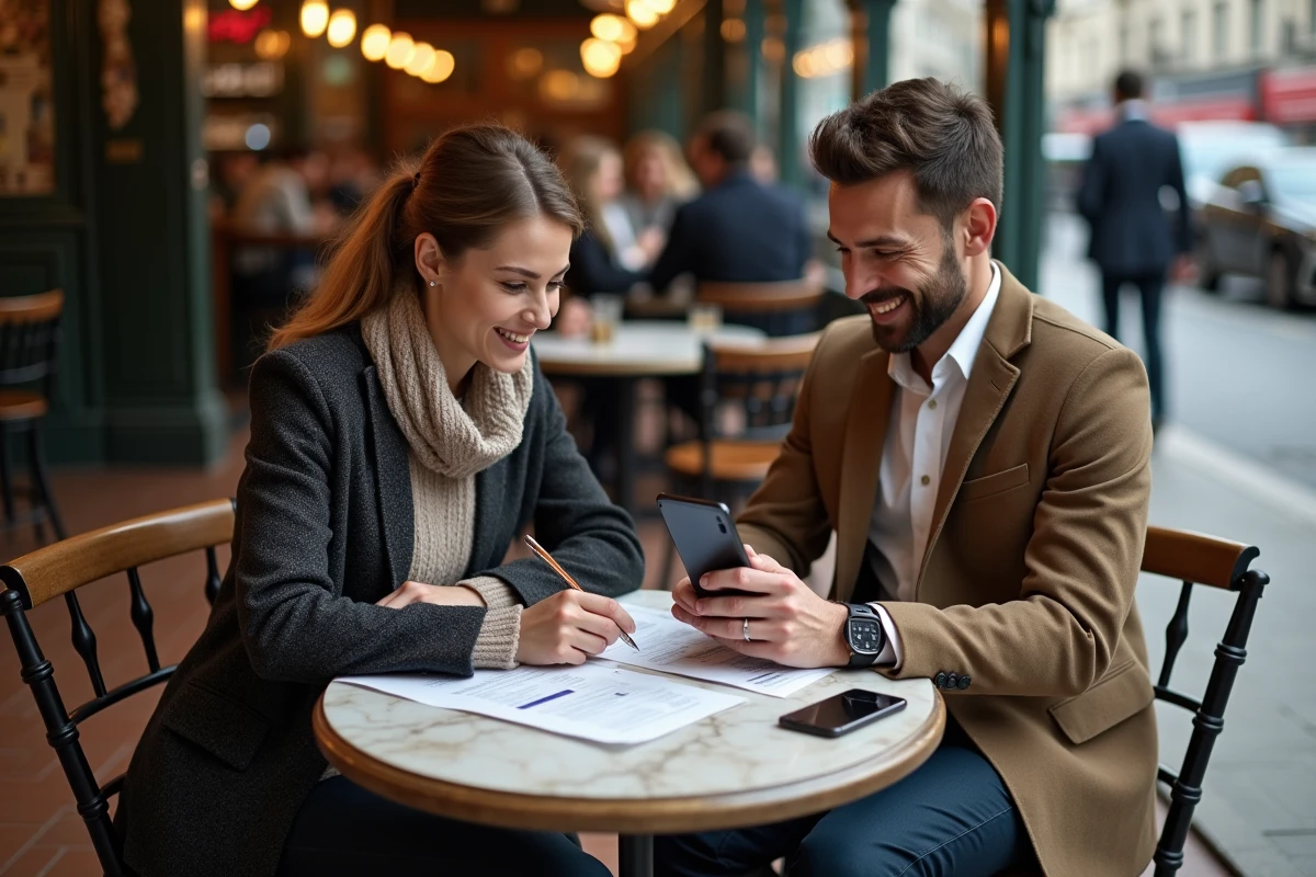 Couple préparant ensemble leur dossier de location et lettre de motivation pour un appartement à Paris dans un café