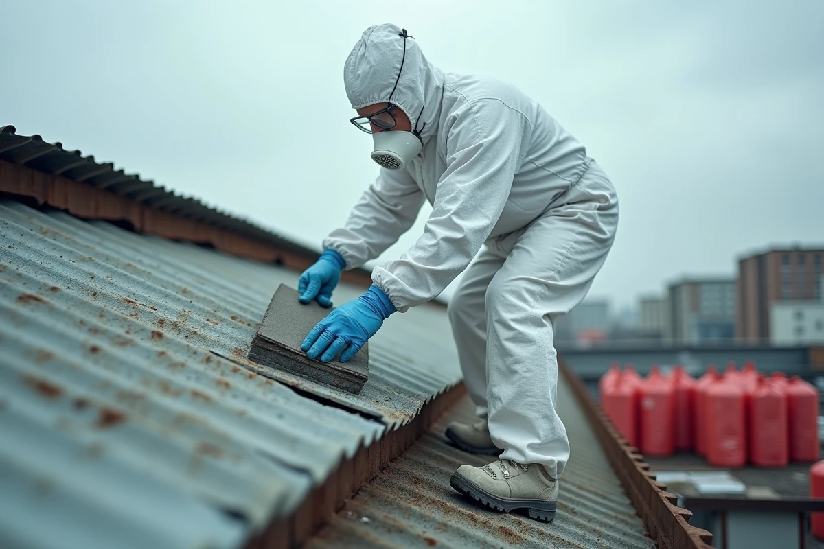 Ouvrier en combinaison de protection retirant des plaques de fibrociment amianté sur une toiture industrielle