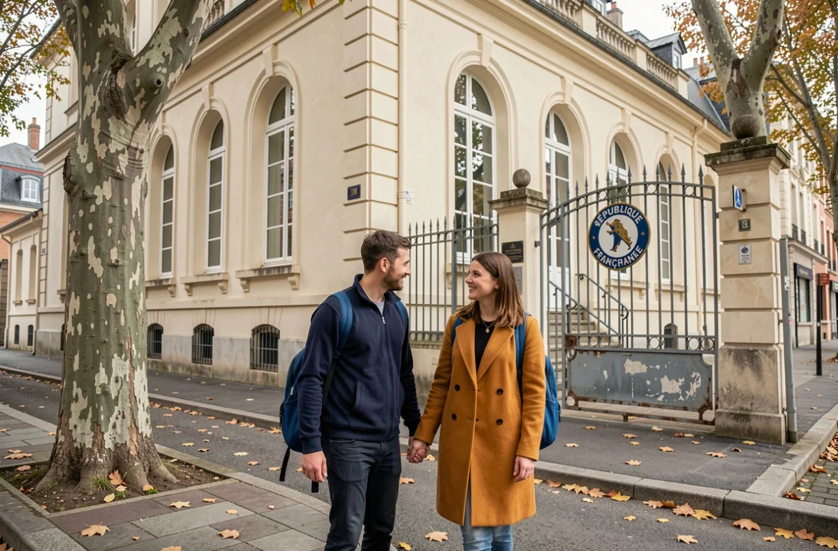 Parents accompagnant leur enfant à l'école primaire dans un quartier de Saint-Étienne