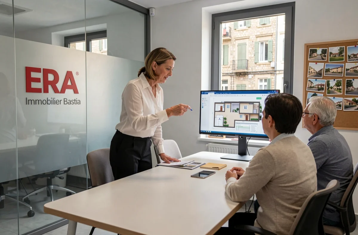 Agente ERA Immobilier Bastia présentant un plan de bien immobilier sur écran tactile à des clients