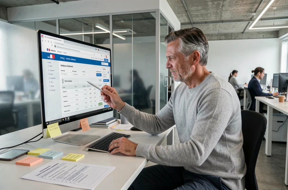 Homme analysant les résultats de recherche immobilière sur la base Patrim des impôts dans un espace de coworking moderne