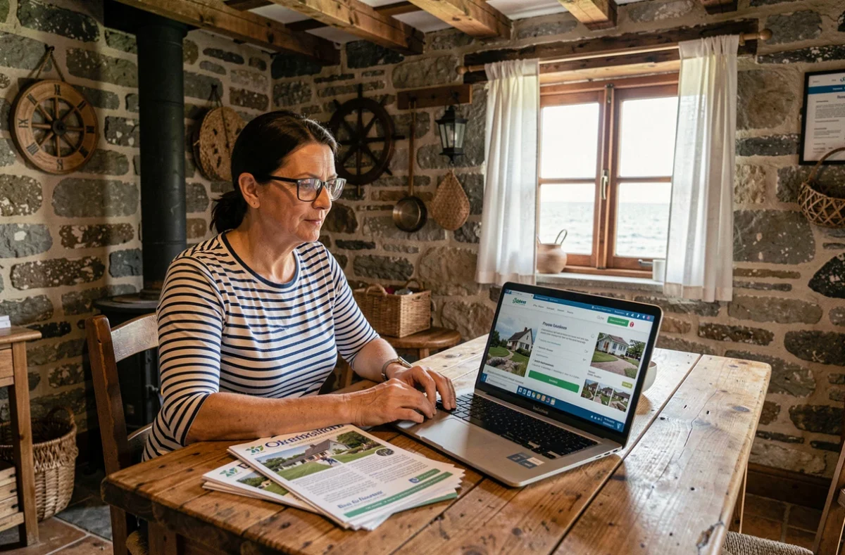 Femme estimant le potentiel locatif saisonnier d'une maison de pêcheur bretonne à vendre
