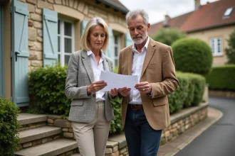 Couple devant une maison familiale traditionnelle française tenant un document d'estimation immobilière