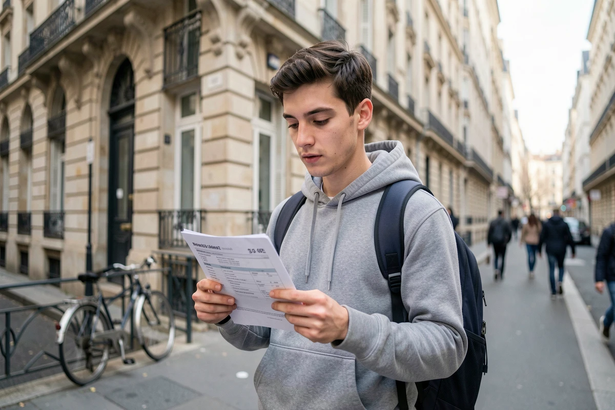 Étudiant consultant une annonce de location devant un immeuble haussmannien dans une grande ville française