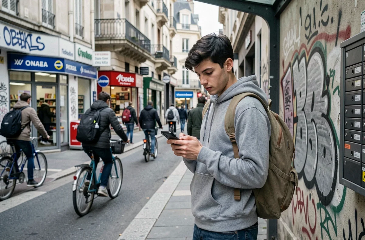 Étudiant consultant son téléphone à un arrêt de tram dans un quartier animé de Bordeaux