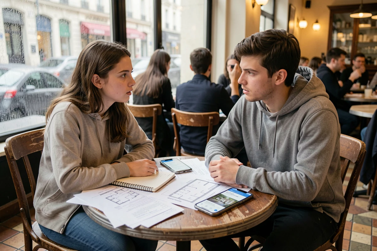 Deux étudiants discutant d'une colocation autour d'annonces immobilières dans un café parisien