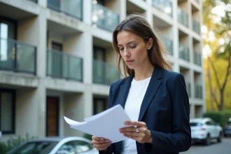 Une femme d'affaires examine des documents devant un immeuble résidentiel moderne, illustrant l'évaluation d'une agence de logement