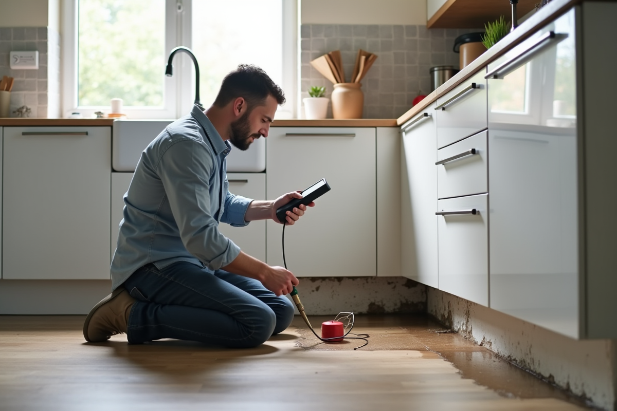 Expert en humidite utilisant un humidimetre dans une cuisine moderne
