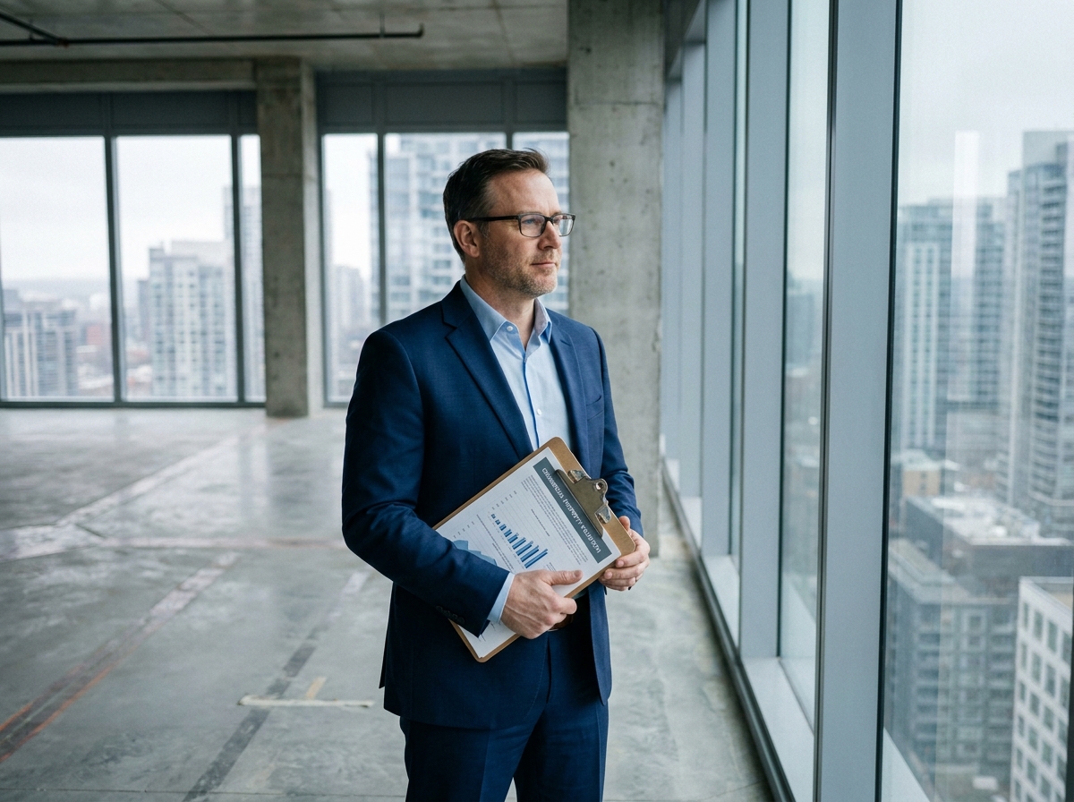 Expert immobilier évaluant un actif professionnel dans un espace de bureaux vide avec architecture béton apparente