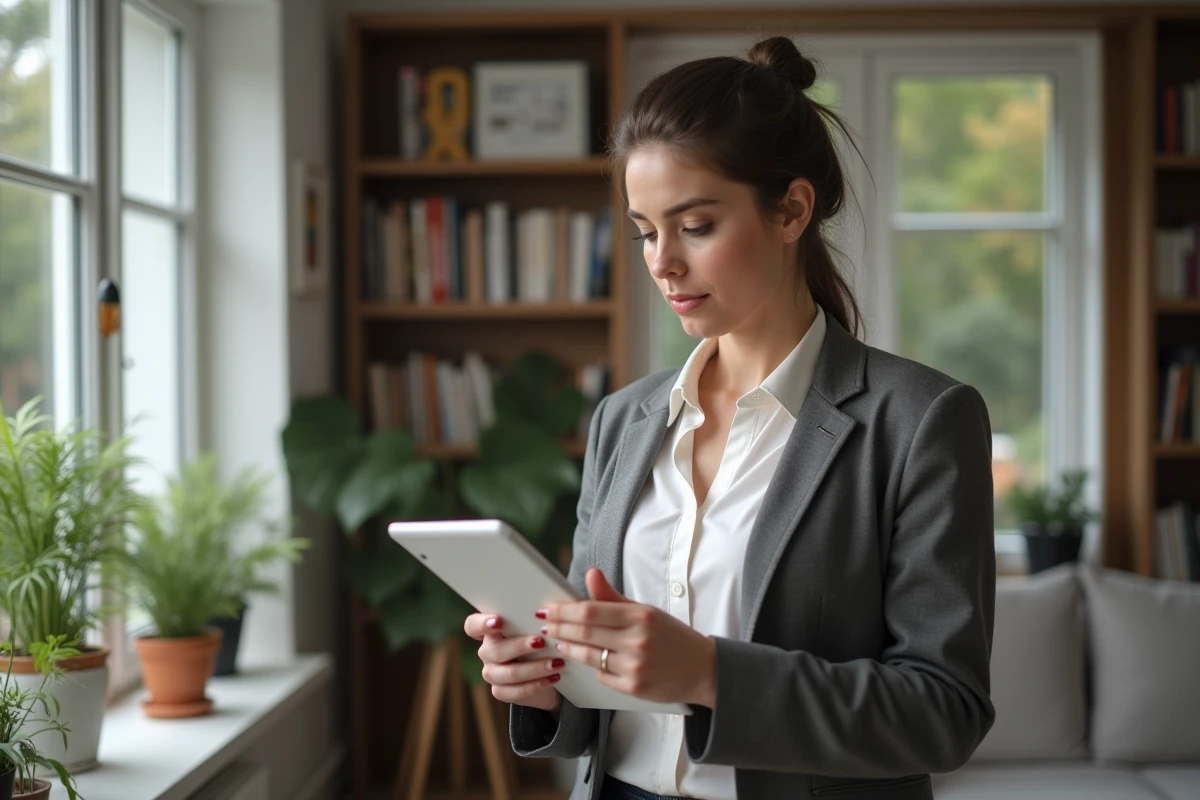 Femme évaluatrice immobilière avec tablette dans un salon