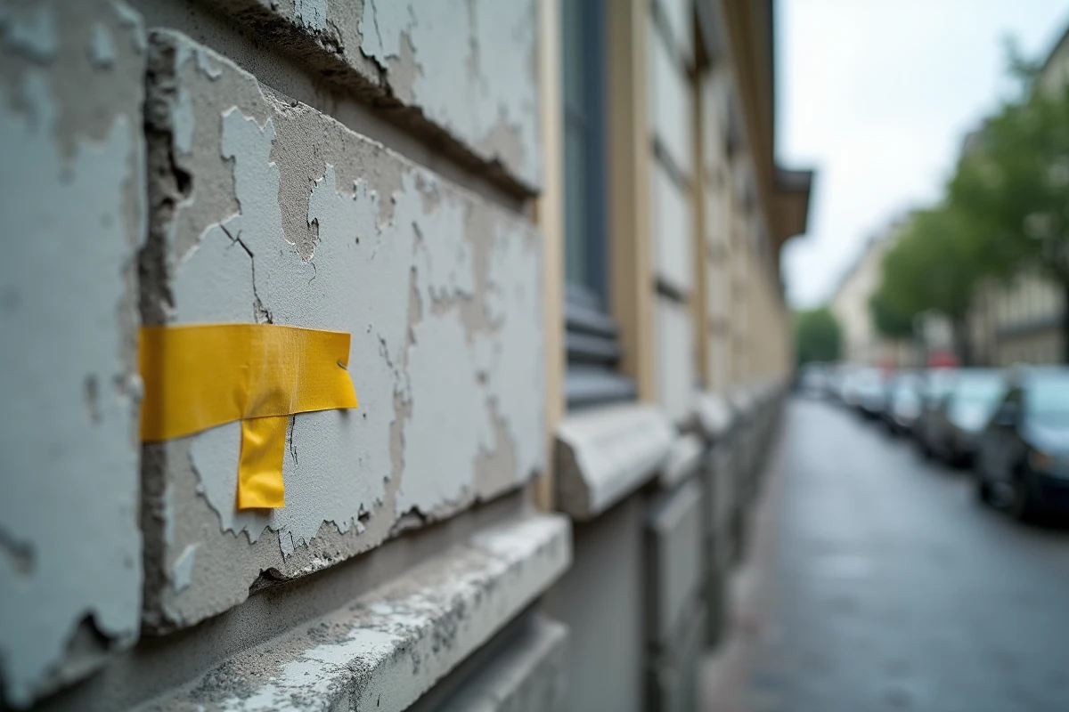 Détail de plaques de façade en amiante-ciment dégradées avec signalétique de danger sur un bâtiment ancien