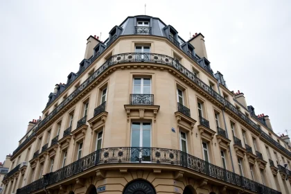 Façade haussmannienne typique de Paris avec balcons en fer forgé, pierre de taille et toiture en zinc mansardée, vue depuis la rue