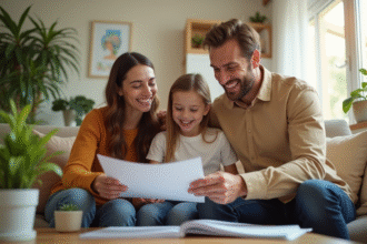 Famille heureuse vérifiant documents dans leur salon lumineux