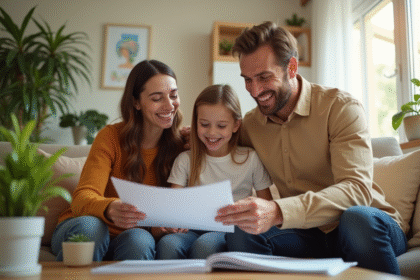 Famille heureuse vérifiant documents dans leur salon lumineux