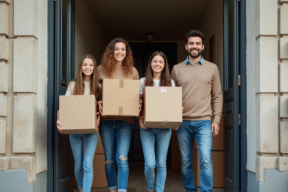 Jeune famille française dans un appartement moderne avec cartons