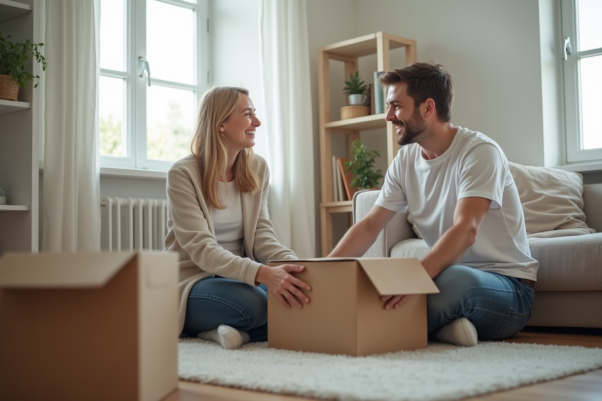 Famille organisant leurs affaires dans un petit salon