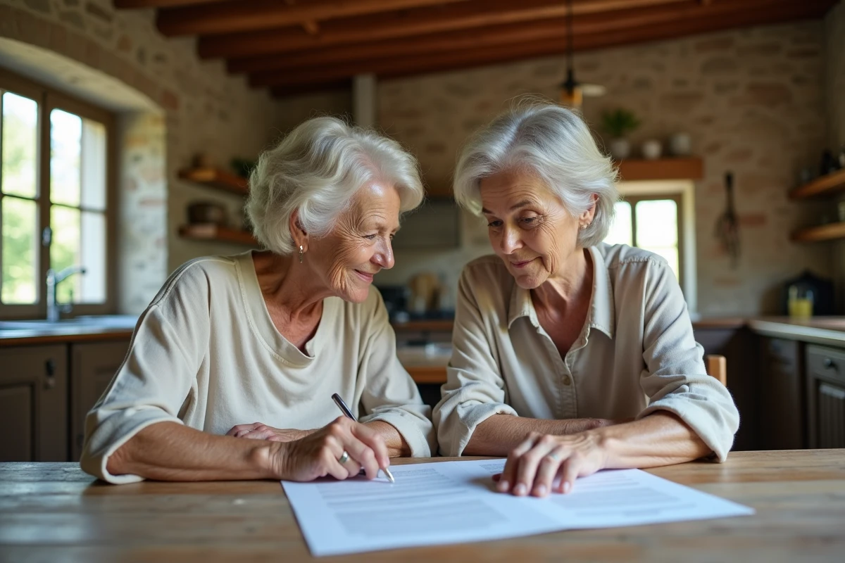 Mère et fille discutant des démarches de donation d'une maison familiale autour de documents officiels