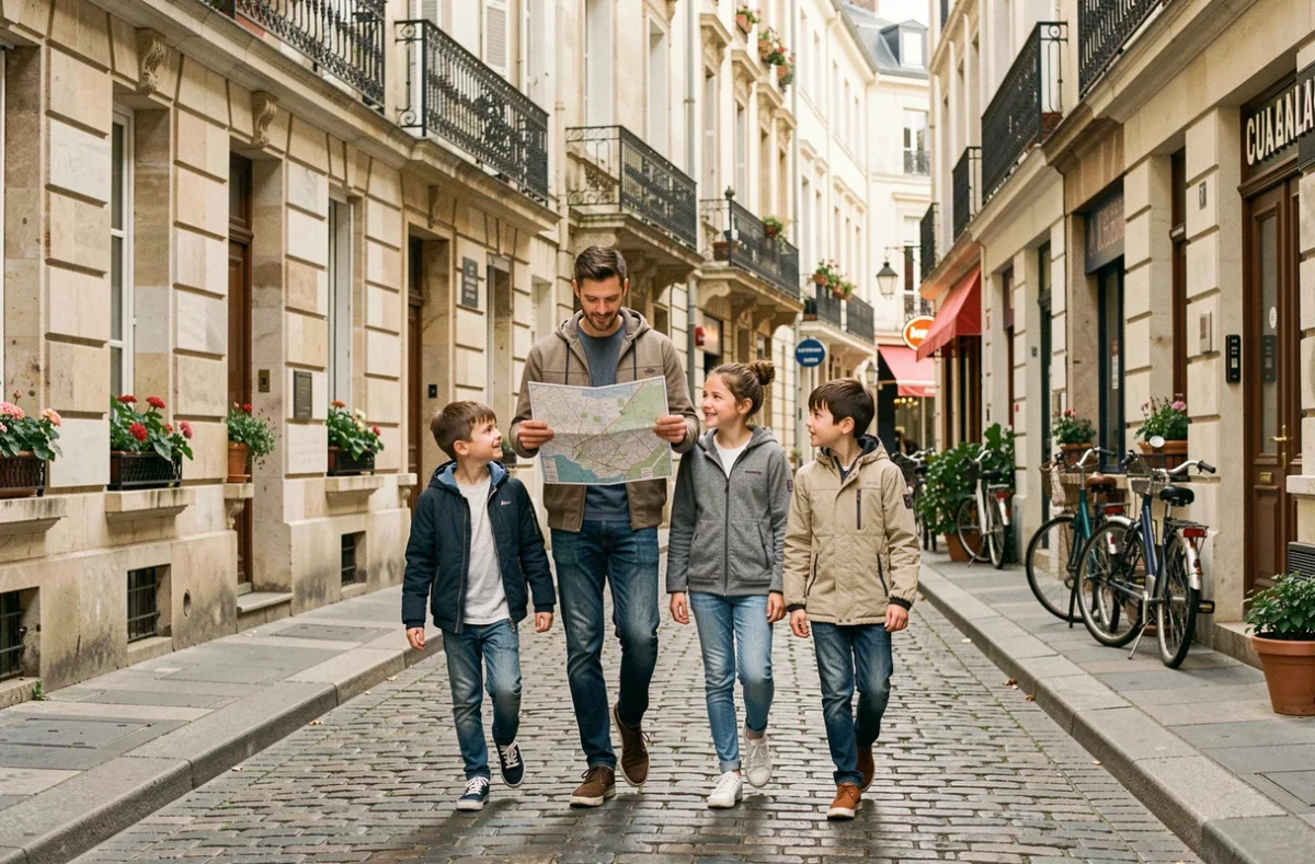 Famille se promenant dans un quartier résidentiel de Bordeaux avec façades en pierres dorées et balcons en fer forgé