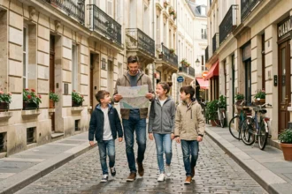 Famille se promenant dans un quartier résidentiel de Bordeaux avec façades en pierres dorées et balcons en fer forgé
